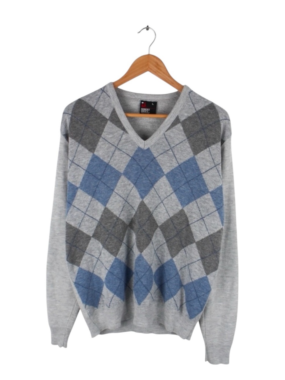 Vintage 90s Preppy Argyle Sweater Men's Large V-Neck Tight Knit Gray Blue